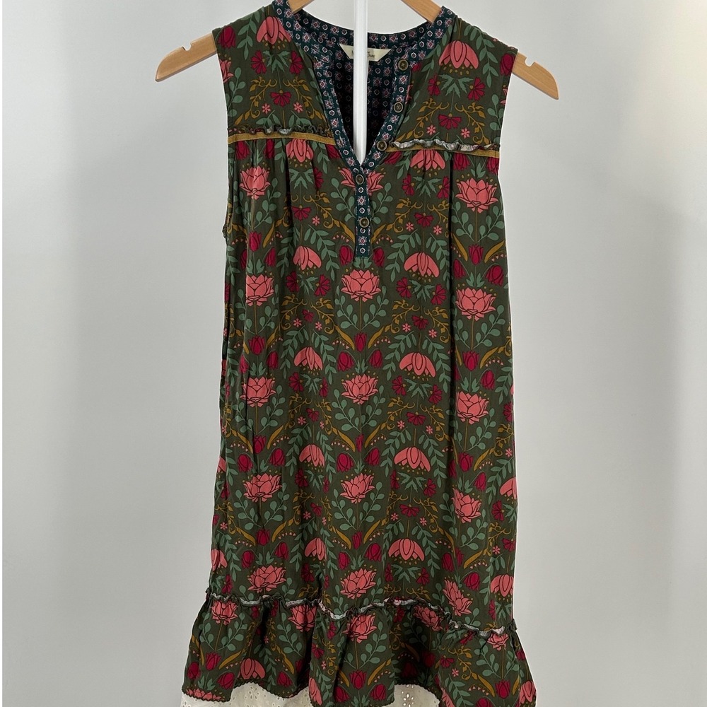 Matilda Jane Floral Henley Shift‎ Dress Green Pink Eyelet Lace Hem Sleeveless S